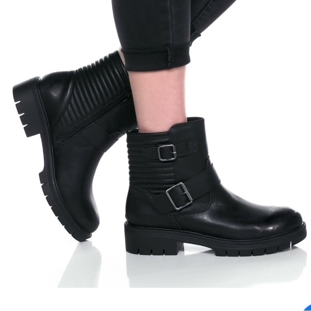Black moto lugsole chunky MIA combat faux leather boots ankle buckle booties